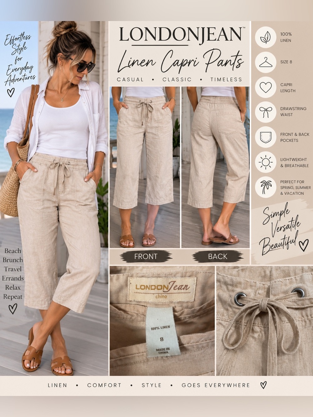 LONDONJEAN 100% Linen Beige Drawstring Capri Pants Size 8